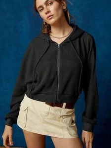 Women's Waffle Knit Zip-Up Hoodie With Drawstring And Kangaroo Pocket - Picture 1 of 24
