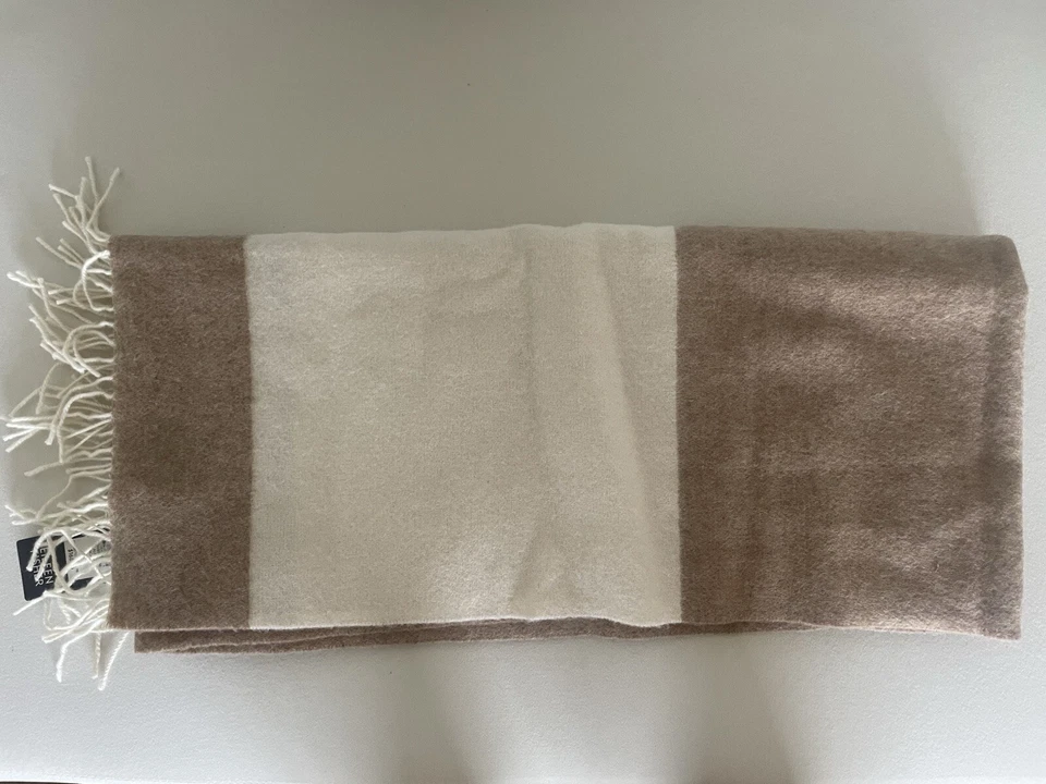 Eileen Fisher 1050 Womens Tan Fringe Blanket Stripe Wool Scarf O/s BHFO