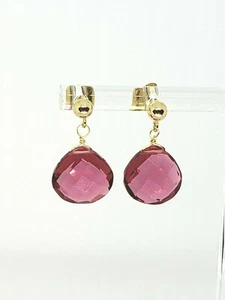 14k Yellow Gold Pink Rubellite Tourmaline Briolette Ball Post Dangle Earrings - Picture 1 of 5