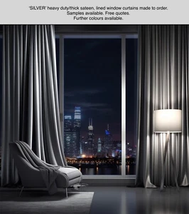 SILVER IVORY GOLD BLACK SATIN FABRIC SAMPLE. MTM WINDOW CURTAINS. PINCH, EYELET - Picture 1 of 27