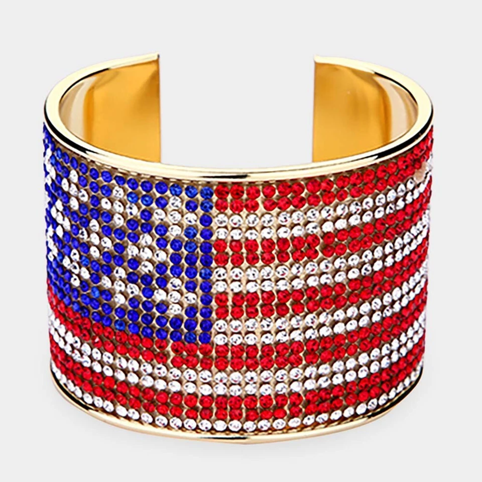 NUEVO CON ETIQUETAS Brazalete Brazalete Brazalete Estrás BANDERA AMERICANA GRANDE EE. UU. ORO AMARILLO Para Mujer Foto 1 de 1