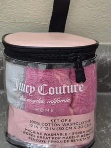 JUICY COUTURE Wash Cloths Set Of 6 100% Cotton 12x12 New In Zipper Bag - Picture 1 of 3