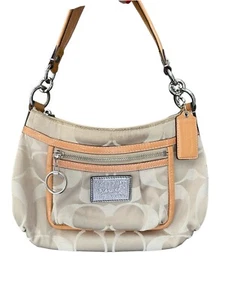 COACH "Poppy" Signature Logo Bag Beige/Silver Shoulder Sateen Designer - Picture 1 of 5
