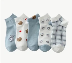 Women's Cute Bear Hearts Pattern Ankle Socks Fashion Sock Set Of 5 - Picture 1 of 4