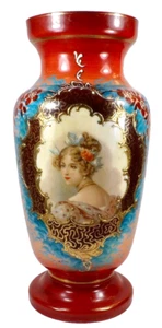 Victorian Portrait Vase Enameled Glass Lady Persimmon Urn 13.5in Antique #2 - Picture 1 of 13