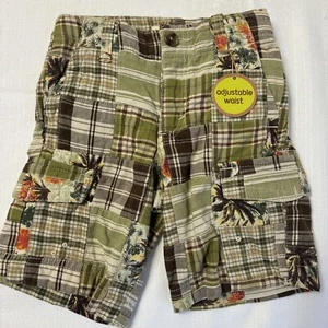 Old Navy Kids Boy 4T Madras Shorts Button Waist Green Brown Patchwork Adjustable - Picture 1 of 10