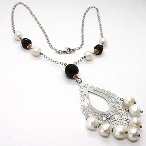 Collar Plata 925 , Ónix Negro ,Perlas Blancas, Colgante Floral - Imagen 1 de 9