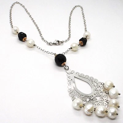 COLLANA ARGENTO 925, ONICE NERA, PERLE BIANCHE, PENDENTE FLOREALE - Immagine 1 di 4