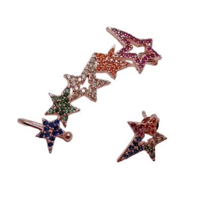 Aretes brazalete estrella rellenos de oro rosa circonita cúbica arco iris asmétricos Foto 1 de 4