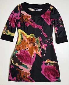 Wet Seal Sz Medium Black w/ Bright Floral Print Stretch Sheath Dress Pockets - Picture 1 of 9