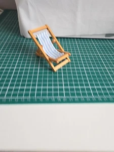 dolls house furniture 1/12, Old Fashioned Style Wooden, Blue + White Deck Chair - Picture 1 of 1