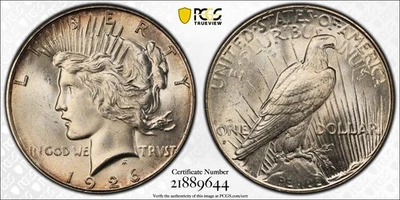 1926 年 S 版 1 美元和平美元 PCGS 评级 MS64+ (CAC) — 第 1/3 张图片
