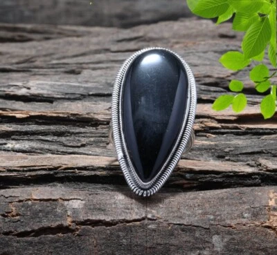 Beauty Onice Nera Gemma 925 Argento Sterling Artigianale Anello Tutte le Misure - Immagine 1 di 4