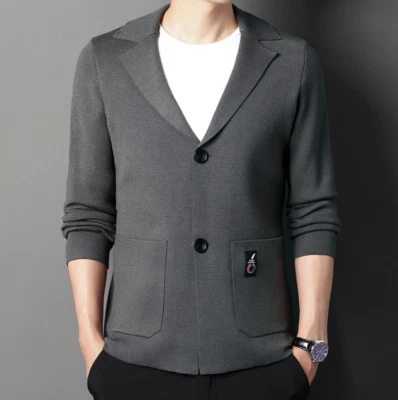 Blazer de negocios para hombre Traje de ocio formal Chaqueta Suelta Solapa Tejido Botón Suéter Foto 1 de 4