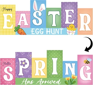 Easter Decorations Wooden Table Sign Spring Decorations Reversible Tabletop Deco - Picture 1 of 12