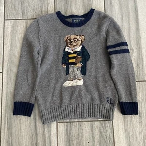 Boys Polo Ralph Lauren Teddy Bear Sweater Size 5 Navy Blue Rugby Bear Wool - Picture 1 of 9