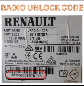 RENAULT RADIO CODE UNLOCK FOR ALL MODELS TRAFIC MEGANE SCENIC TWINGO MASTER CODE - Picture 1 of 1
