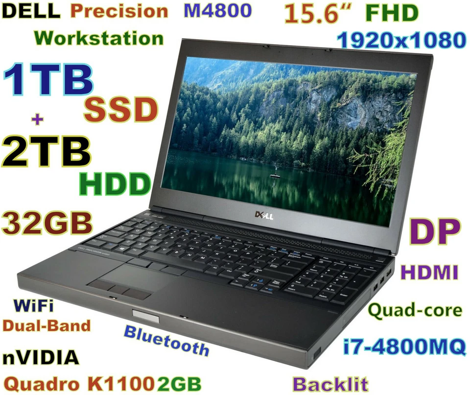 Workstation DELL M4800 i7-QUAD (1TB SSD + 2TB) 32GB 15.6" FHD Quadro 2GB Docking - Image 1 of 4