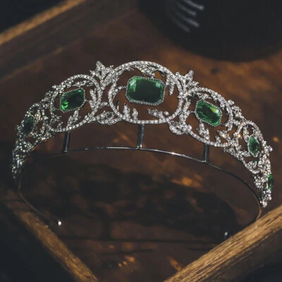 Tiara clásica de cristal verde de 5 cm de altura reina boda princesa corona para mujer Foto 1 de 4