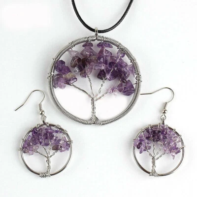 Tree of Life Jewelry Set Natural Amethyst Gems Silver Necklace Pendants Earrings - Image 1 of 2