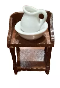 MINIATURE WOOD STAND WITH WASH BASIN & PITCHER SET IN PORCELAIN #8ES-598 - Picture 1 of 8