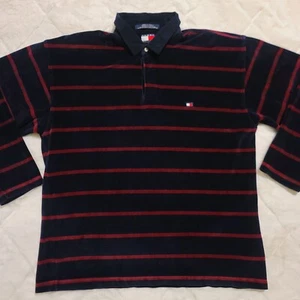 Tommy Hilfiger Rugby Shirt Men's XL Black Red Striped Cotton Velvet Long Sleeve - Picture 1 of 10
