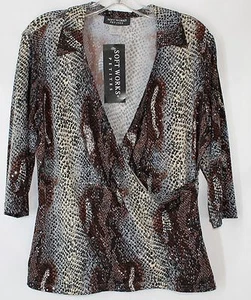 NWT Soft Works Petites Women's Large 3/4 Sleeve Open Neck Sparkle Snake Blouse - Picture 1 of 7