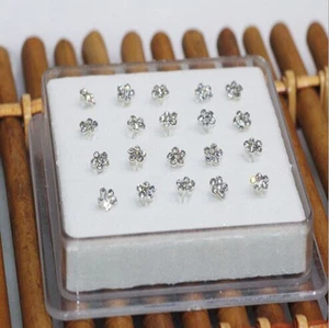 Wholesale 20PC Solid Silver White Plum Flower Crystal Straight Bar Rod Nose Stud - Picture 1 of 4