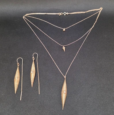  Necklace earrings set Sterling 925 Modern Layered Gold tone Silver Dimond - Image 1 of 4