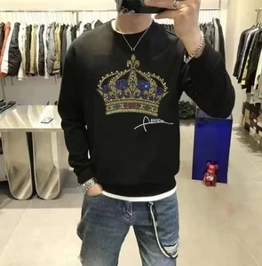 New Men Luxury Diamond Crown Rhinestones Fashion Black Hoodie  High Quality - Picture 1 of 4
