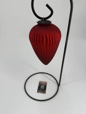 Vintage ribbed red glass Christmas ornament with metallic cap. - Image 1 of 3