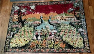 Stunning Peacock Pattern Velvet Rug 54"x38" Wall Hanging Sofa Tapestry Vintage - Picture 1 of 15