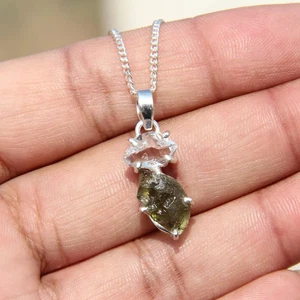 Raw Moldavite & Herkimer Pendant in Sterling Silver Herkimer Diamond Handmade - Picture 1 of 4