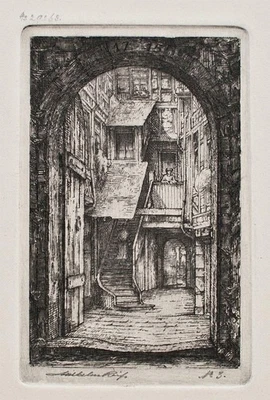 Wilhelm Reiß Stadtansicht Hinterhof Städel Frankfurt signiert Radierung um 1900 - Bild 1 von 2