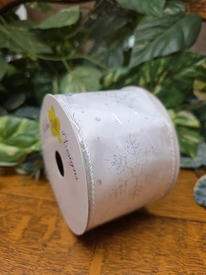 White Satin Silver Glitter Snowflake Wired Ribbon Christmas Holiday 2.5" x 10 Yd - Image 1 of 3