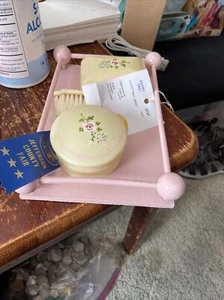 Vintage Light Pink Plastic Vanity Set Wooden Tray 2 Covered Containers Hairbrush - Picture 1 of 7