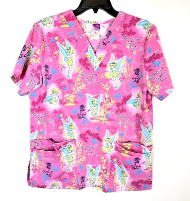 Disney Tinker Bell Scrub Top Small Pink Tinkerbell V Neck Top Pockets Pediatric - Image 1 of 4