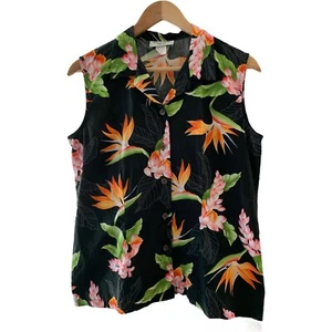 Camisa hawaiana Hawaiian Reserve Collection M sin mangas negra floral Aloha - Imagen 1 de 4