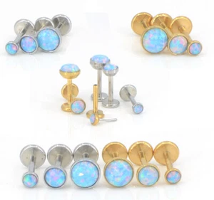 Flat Back Earrings Blue Opal 16G 18G 20G Ear Threadless Nose STUD Gold Tone Ring - Picture 1 of 16