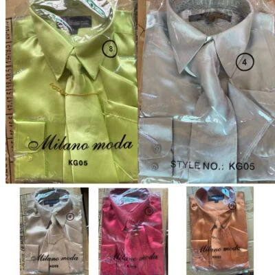 Boy's& Kid's Shiny Satin Dress Shirt With Tie and Handkerchief Set Style  KG05 - Image 1 of 3