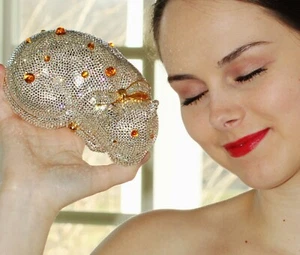 JUDITH LEIBER RESTING CITRINE GEM CAT SWAROVSKI CRYSTAL MINAUDIERE PURSE CLUTCH - Picture 1 of 12