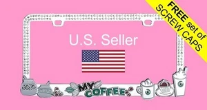 Clear Bling Crystal RhineStone Chrome Metal License Plate Frame COFFEE BEANS - Picture 1 of 6