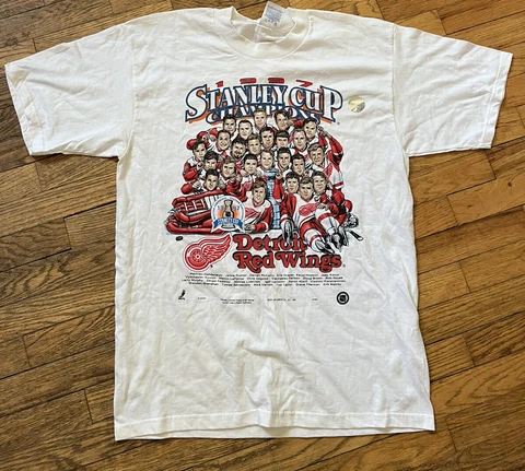 Vintage 1997 Detroit Red Wings NHL Caricature White T-Shirt Size L Deadstock Cover