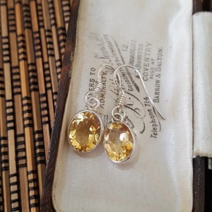 925 Sterling Silver Earrings, Genuine Citrine Gemstones Dangle Earrings - Picture 1 of 7