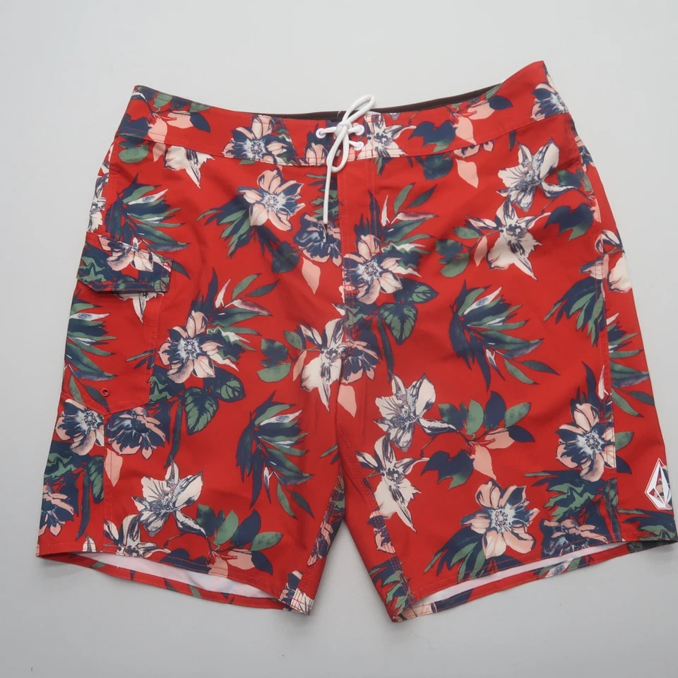 Volcom Mens Board Shorts Size 38 Red Floral Swim Surf Stretch Cargo Pocket - Image 1 of 4