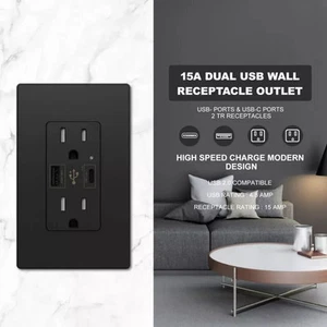 USB C Charger Wall Outlet 4.8A High Speed Duplex Receptacle 15 Amp Black - Picture 1 of 5