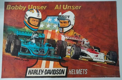 Vintage 1970's Al Unser - Bobby Unser - Harley Davidson HD Helmets Poster - Image 1 of 4