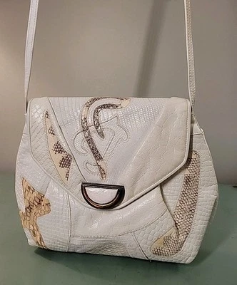 Sharif White Reptile And Leather Crossbody Purse Bag  Gold Ornamental USA - Image 1 of 4