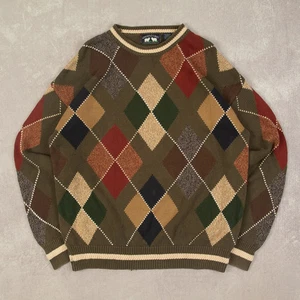 Vintage 90er Rautenmuster Strickpullover L Baumwolle Herren Khaki Grün Sweater - Bild 1 von 8