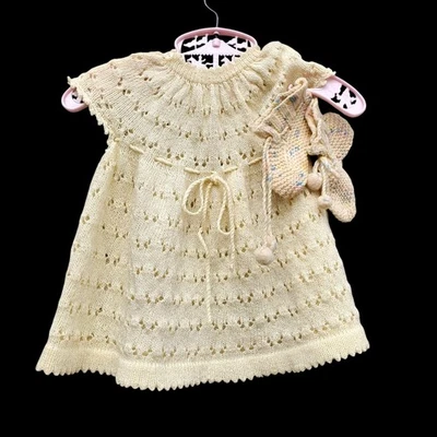 Vintage Hand Knit Baby Dress & Booties Set Off White Crochet Edges Pom Poms - Image 1 of 4
